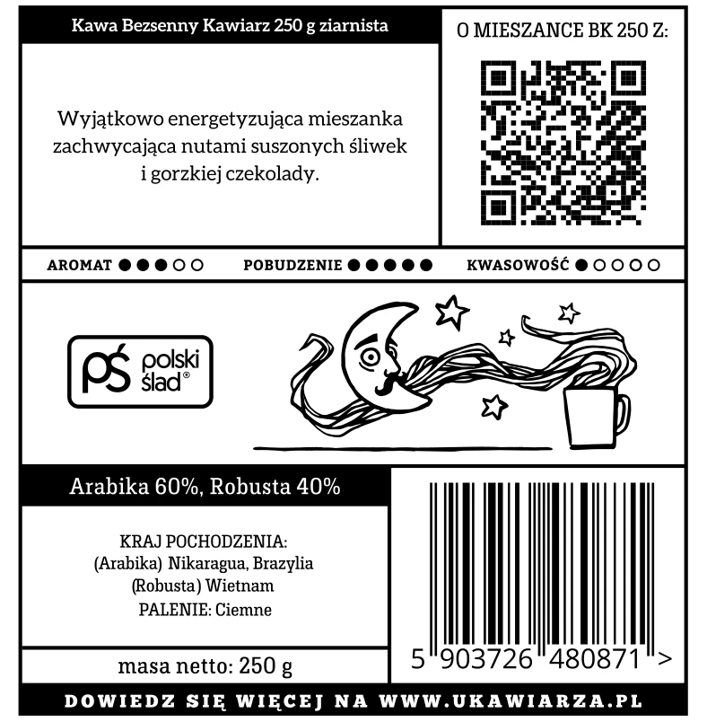 Kawa w ziarnach ręcznie palona Bezsenny Kawiarz 2.0 60/40 arabika/robusta 250g