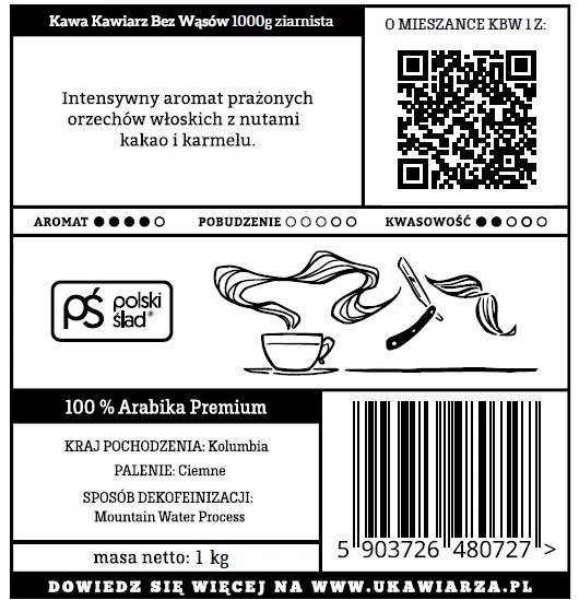 Kawa w ziarnach Kawiarz Bez Wąsów 100% arabika bezkofeinowa 1000g